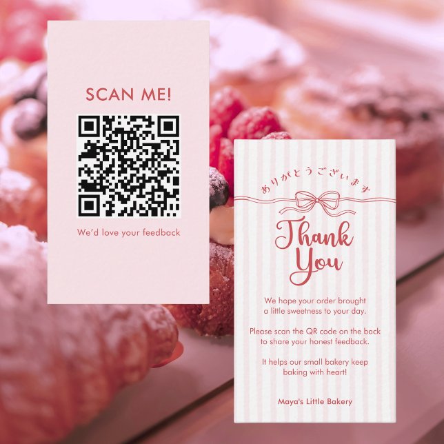Carte De Visite Code QR pour avis Coquette rayée rose (Créateur téléchargé)