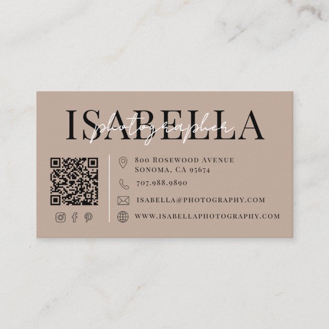 Carte De Visite Code QR pour photographe moderne (Devant)