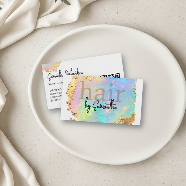 Carte De Visite Code QR pour Salon de Coiffure Holographique Iride (holographic business card iridescent rainbow agate gold salon beauty hairdresser stylist hair lashes)