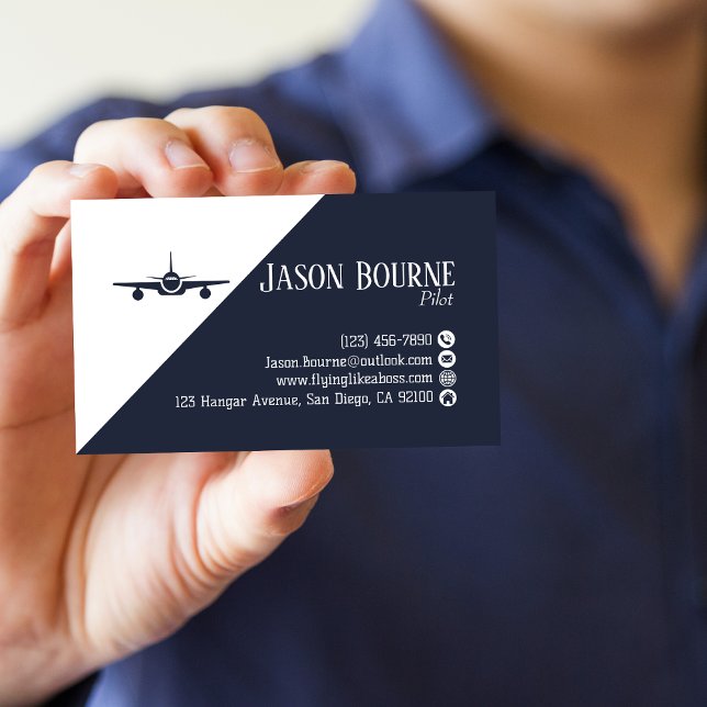 Carte De Visite Code QR professionnel Aviation Bleu marine Minimal (Créateur téléchargé)