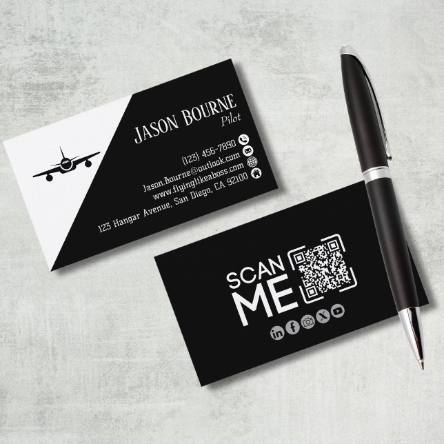 Carte De Visite Code QR professionnel Aviation Pilote Noir et Blan (Créateur téléchargé)