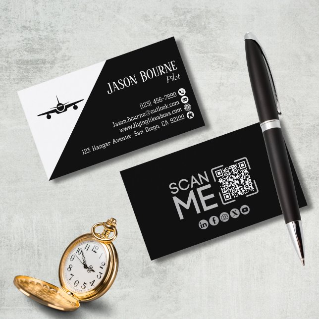 Carte De Visite Code QR professionnel Aviation Pilote Noir et Blan (Créateur téléchargé)