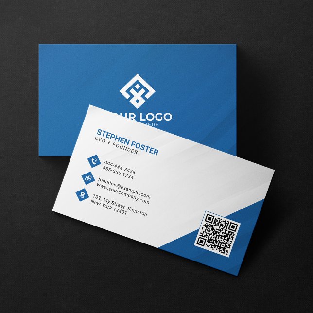 Carte De Visite Code QR Professionnel Corporate Bleu Blanc Ajouter (Créateur téléchargé)