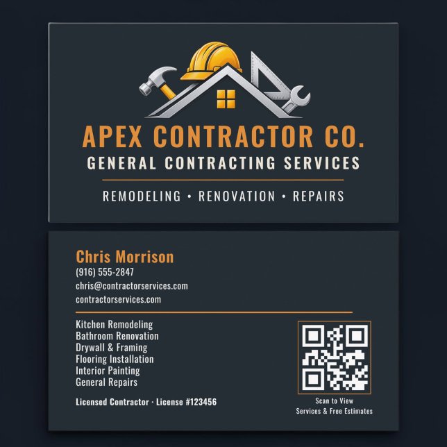Carte De Visite Code QR professionnel de l'entrepreneur en constru (Créateur téléchargé)