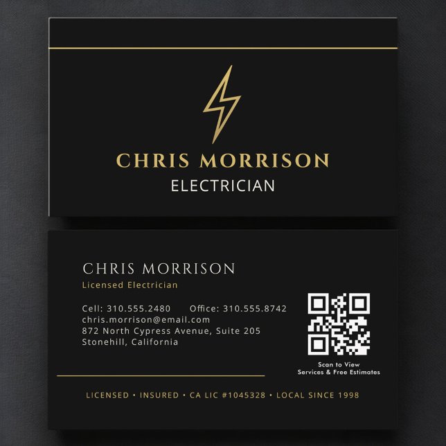 Carte De Visite Code QR professionnel d'électricien noir (Créateur téléchargé)