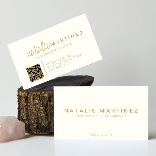 Carte De Visite Code QR Professionnel Élégant Crème Et Script Or