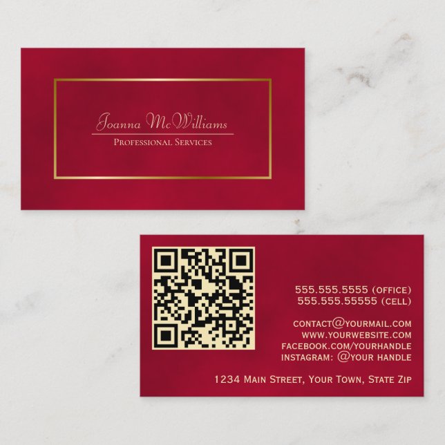 Carte De Visite Code QR professionnel élégant Crimson Red & Gold (Devant / Derrière)
