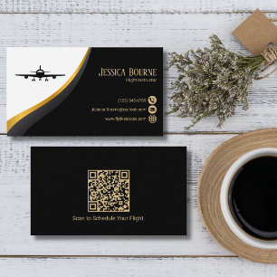 Carte De Visite Code QR Professionnel Élégant Noir Or Aviation