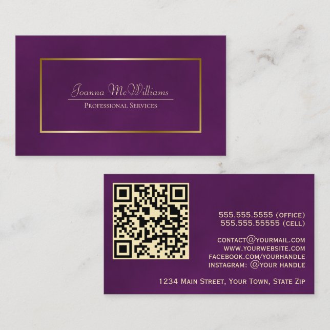 Carte De Visite Code QR professionnel élégant Plum Purple & Gold (Devant / Derrière)