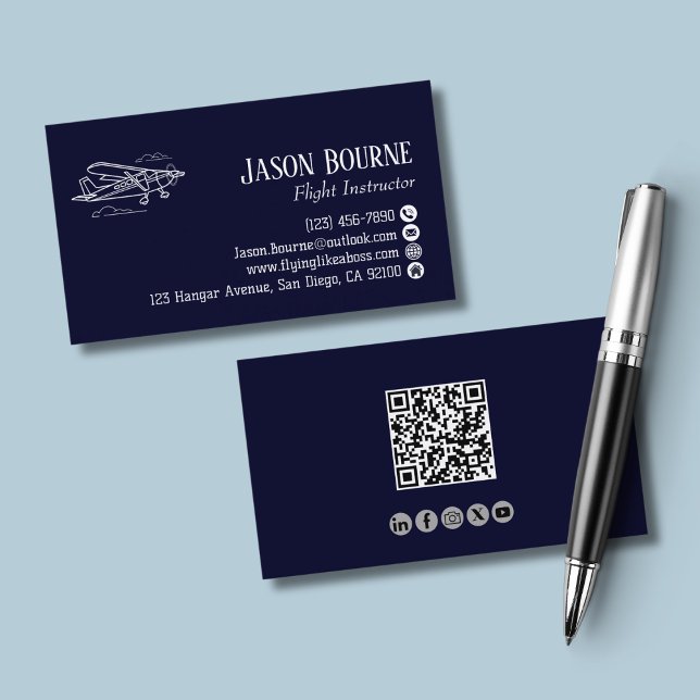 Carte De Visite Code QR professionnel employé de l'aviation bleu m (Créateur téléchargé)