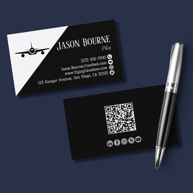 Carte De Visite Code QR professionnel employé de l'aviation noir e (Créateur téléchargé)