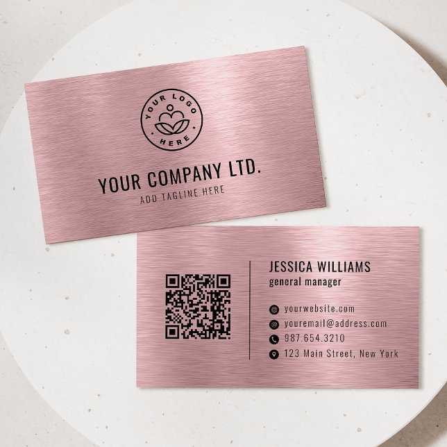 Carte De Visite Code QR Professionnel en Métal Brossé Faux Rose (Créateur téléchargé)