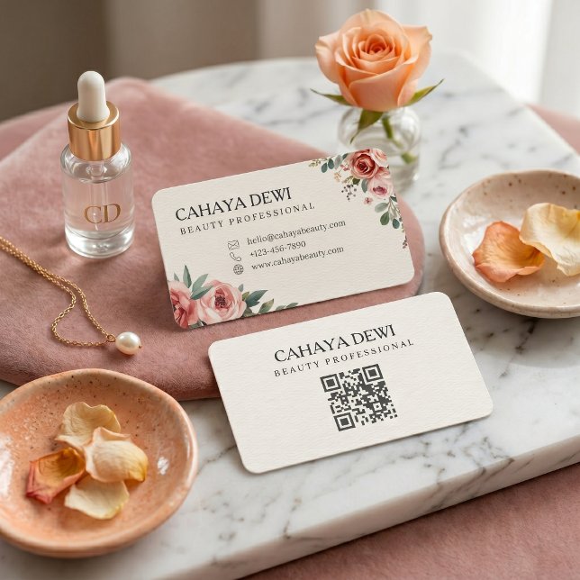 Carte De Visite Code QR Professionnel Fleur de Rose Aquarelle Beau (Watercolor Floral Rose Beauty Professional QR Code Business Card
)