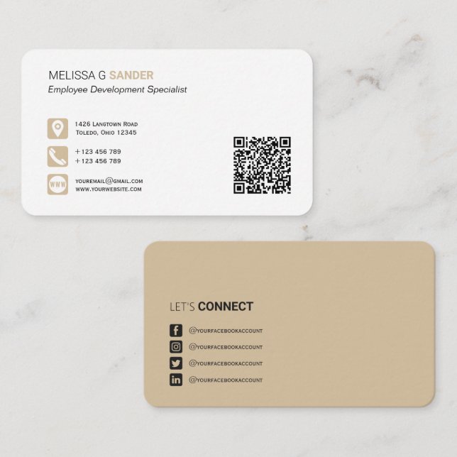 Carte De Visite Code QR professionnel médias sociaux beige Affaire (Devant / Derrière)