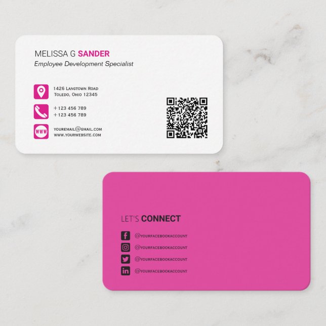 Carte De Visite Code QR professionnel médias sociaux hot rose affa (Devant / Derrière)