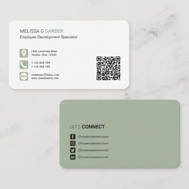 Carte De Visite Code QR professionnel médias sociaux sage vert Bus (Devant / Derrière)
