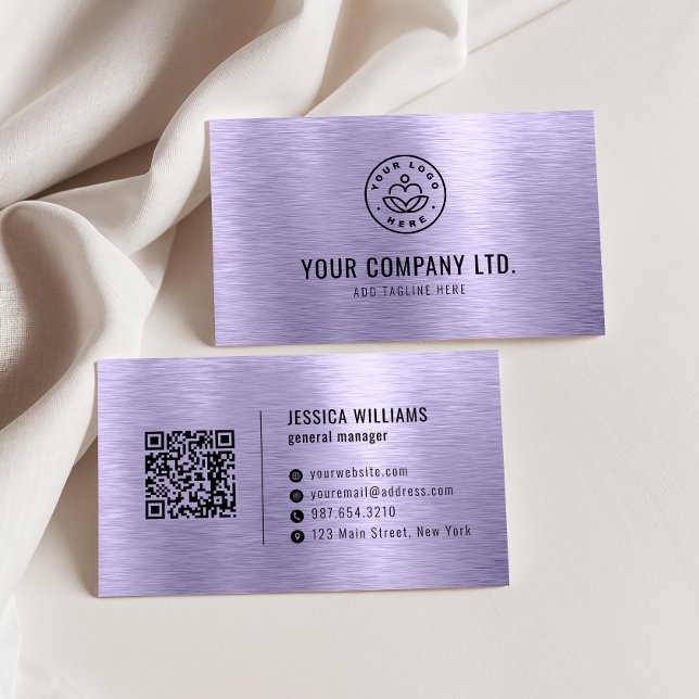 Carte De Visite Code QR Professionnel Métal Brosse Faux Violet (Créateur téléchargé)