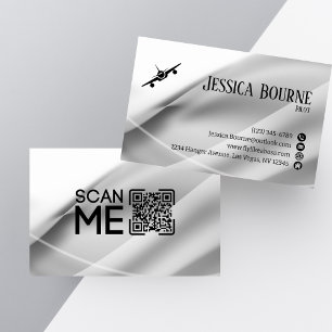 Carte De Visite Code QR professionnel minimal blanc argent pilote