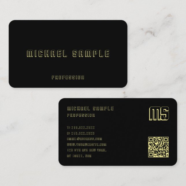 Carte De Visite Code QR professionnel Monogramme élégant Noir & Or (Devant / Derrière)