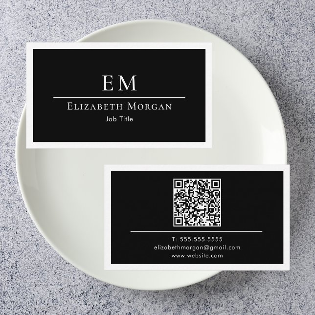 Carte De Visite Code QR Professionnel Monogramme Minimal Noir Blan (Créateur téléchargé)