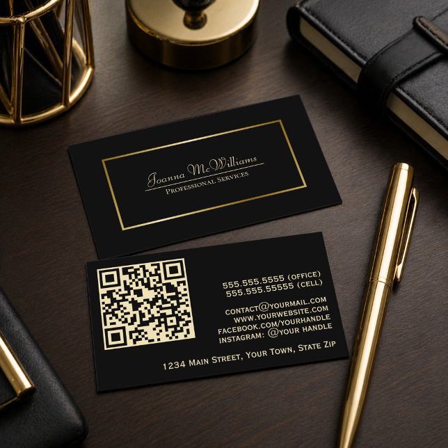 Carte De Visite Code QR professionnel noir et or élégant (Créateur téléchargé)