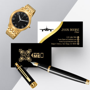 Carte De Visite Code QR professionnel noir or pilote minimaliste