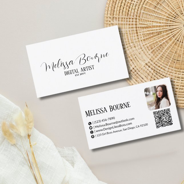 Carte De Visite Code QR professionnel & Photo, Noir & Blanc modern (Créateur téléchargé)