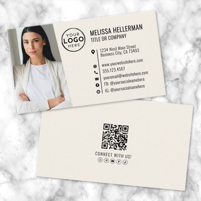 Carte De Visite Code QR Professionnel Photo Votre Logo Crème (Professional QR Code Photo Your Logo Cream Business Card)