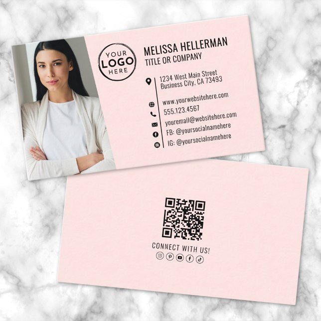 Carte De Visite Code QR professionnel photo votre logo rose (Professional QR Code Photo Your Logo Pink Business Card)