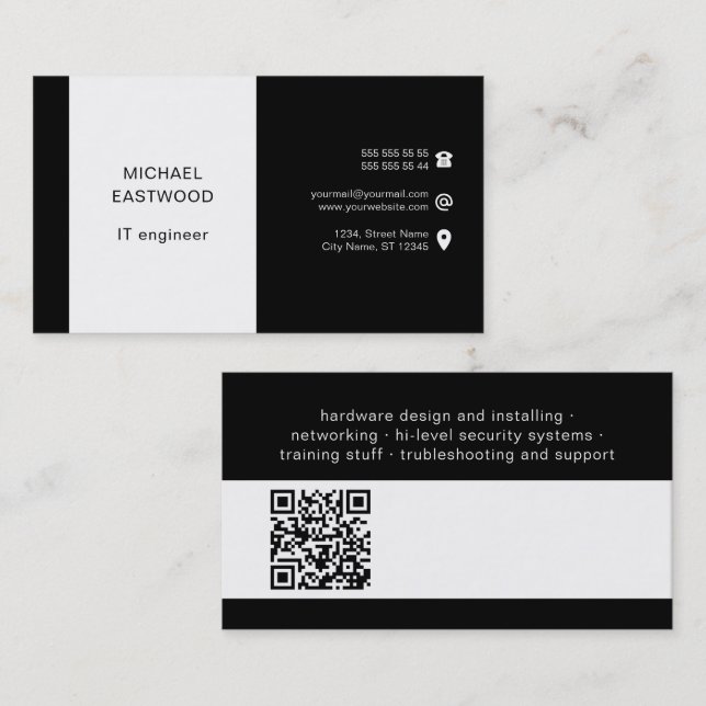 Carte De Visite Code QR professionnel simple noir (Devant / Derrière)