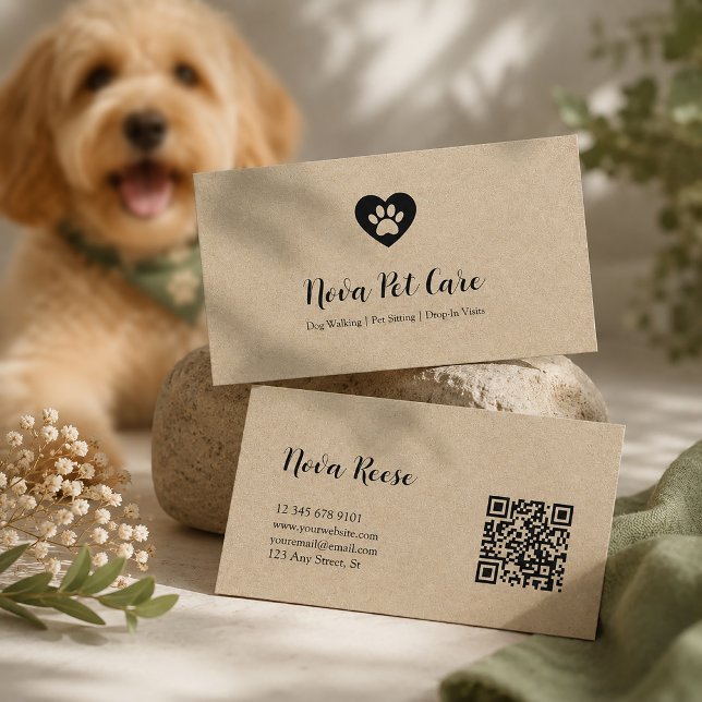 Carte De Visite Code Qr Promeneur de Chien Garde d'Animaux Rustiqu (Créateur téléchargé)