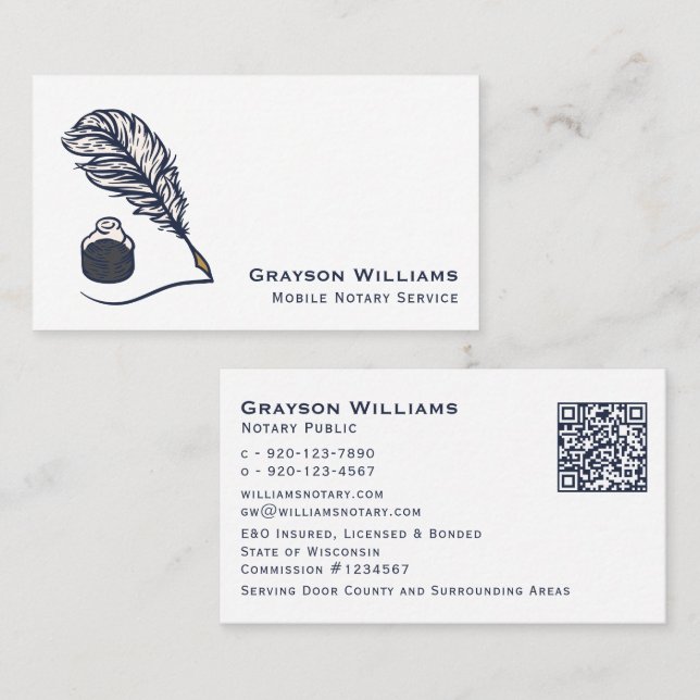 Carte De Visite Code QR Quill Nota Mobile White Navy (Devant / Derrière)