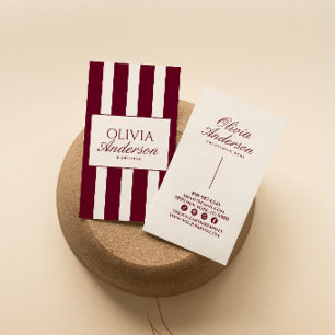 Carte De Visite Code QR rayé de luxe Burgundy classe Argent de vie