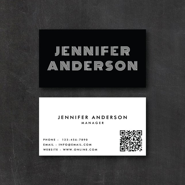 Carte De Visite Code QR rayé moderne noir et blanc (Créateur téléchargé)