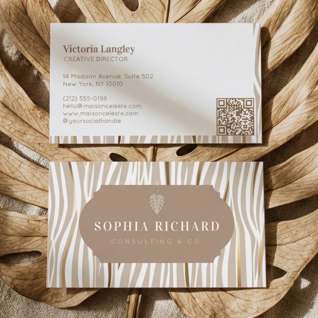 Carte De Visite Code QR rayures imprimé zèbre or élégant luxe (Luxury Elegant Gold Zebra Print Stripes QR Code Business Card)