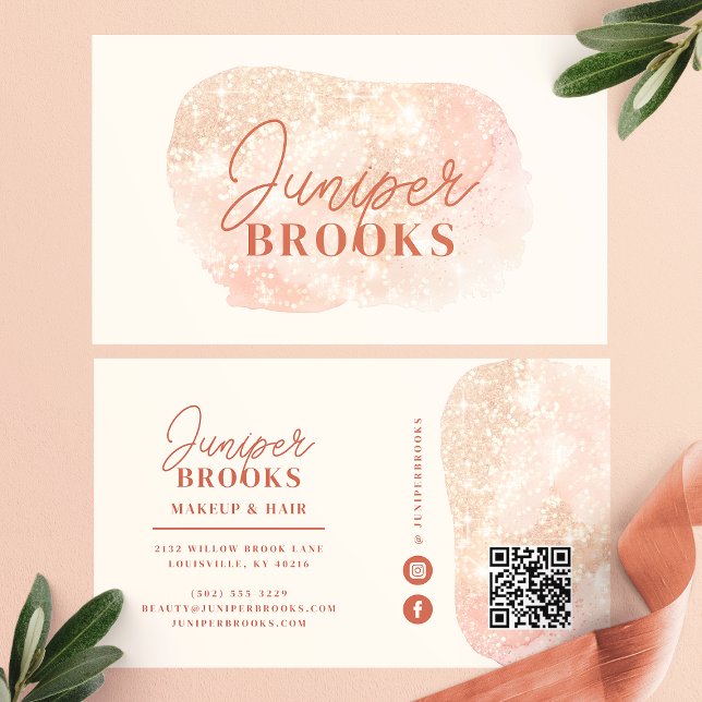 Carte De Visite Code QR Réseau Social Pastel Peach Pailleté (Créateur téléchargé)