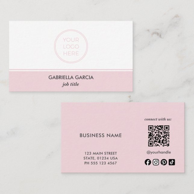 Carte De Visite Code QR Réseaux Sociaux Logo Simple Rose (Devant / Derrière)