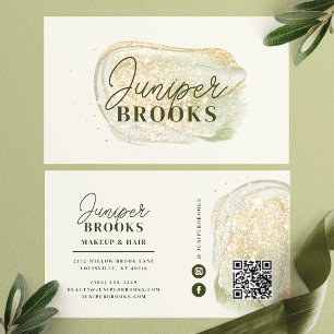 Carte De Visite Code QR Réseaux Sociaux Vert Sauge Paillettes Doré