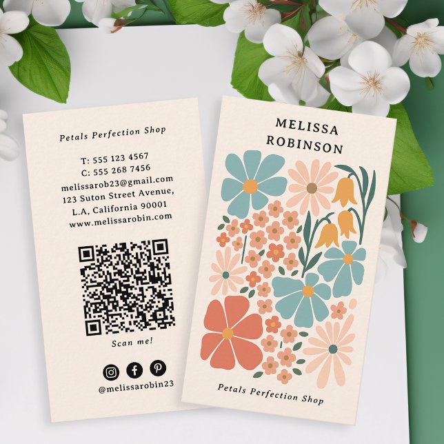 Carte De Visite Code QR Rétro Beige Boutique de Fleuriste Féminine (Créateur téléchargé)