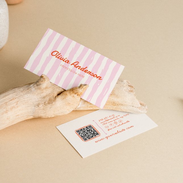 Carte De Visite Code QR rétro Main rose tirée Fille déchirée Boho (Créateur téléchargé)