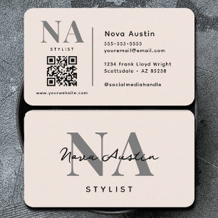 Carte De Visite Code QR Rose Blush Esthétique Luxe Monogramme