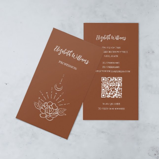 Carte De Visite Code QR | Rose Bohème Fleurie Lune Terracotta (Créateur téléchargé)
