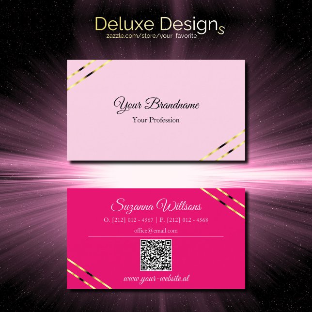 Carte De Visite Code QR rose clair et chaud avec lignes dorées (Créateur téléchargé)