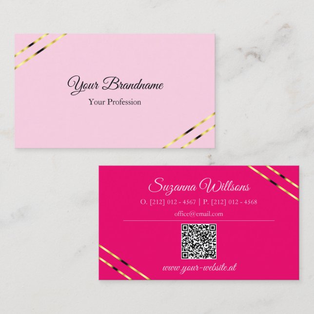 Carte De Visite Code QR rose clair et chaud avec lignes dorées (Devant / Derrière)