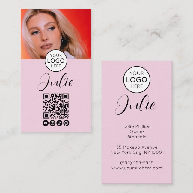 Carte De Visite Code QR rose clair, logo et maquillage photo (Devant / Derrière)