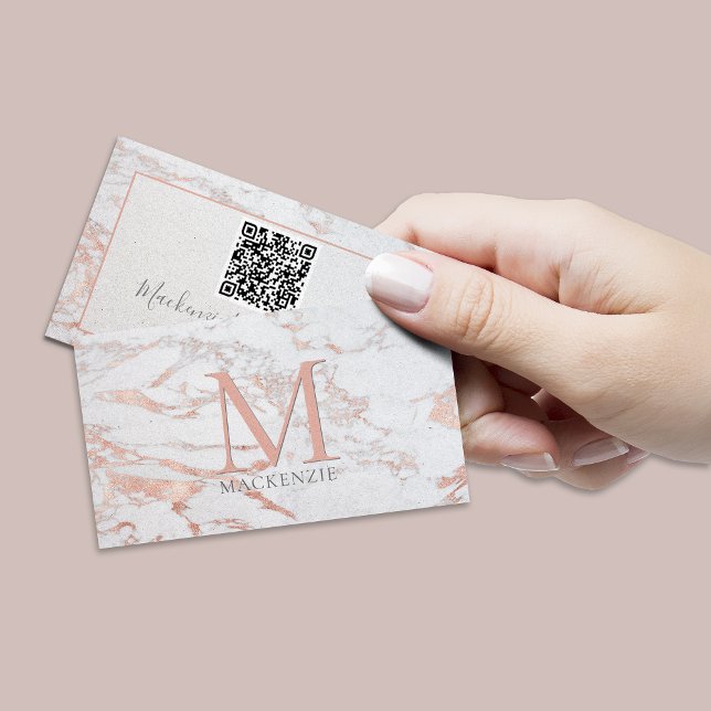 Carte De Visite Code QR Rose élégant en marbre doré (Créateur téléchargé)