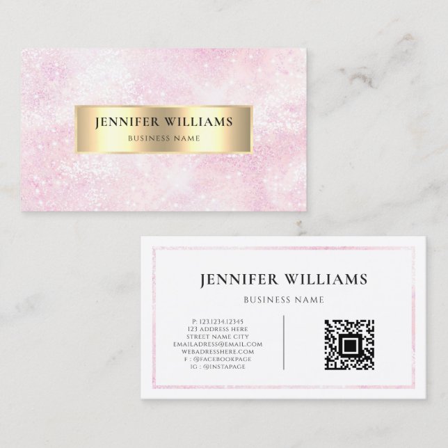 Carte De Visite Code QR Rose Moderne Pailleté Rose Gold Féminin (Devant / Derrière)