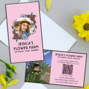 Carte De Visite Code QR Rose & Noir Professionnel 2 Photo Floral