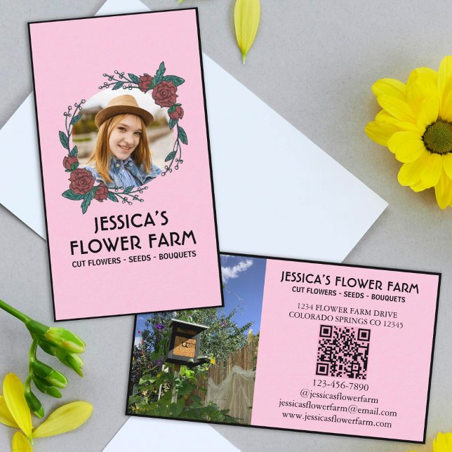 Carte De Visite Code QR Rose & Noir Professionnel 2 Photo Floral (Créateur téléchargé)