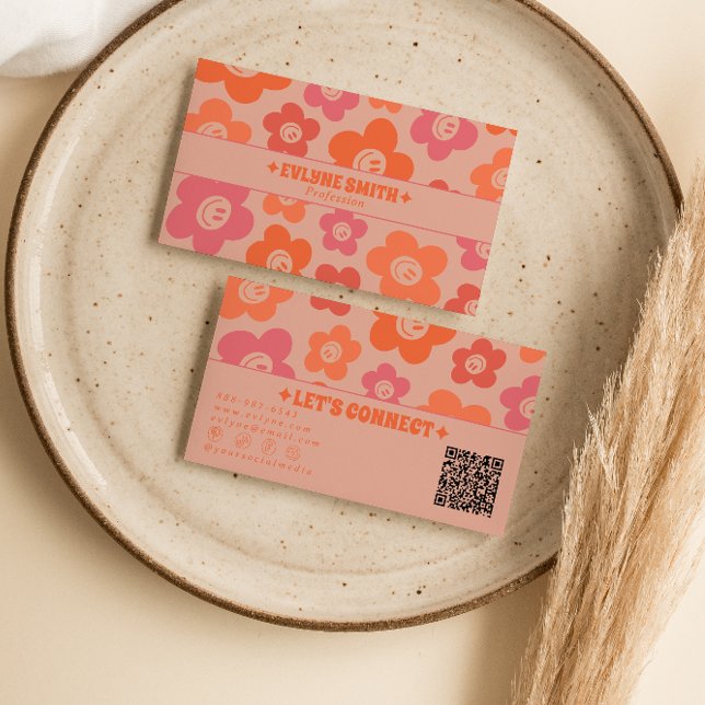 Carte De Visite Code QR Rose Orange Rétro Fleurs Souriantes Groovy (Créateur téléchargé)